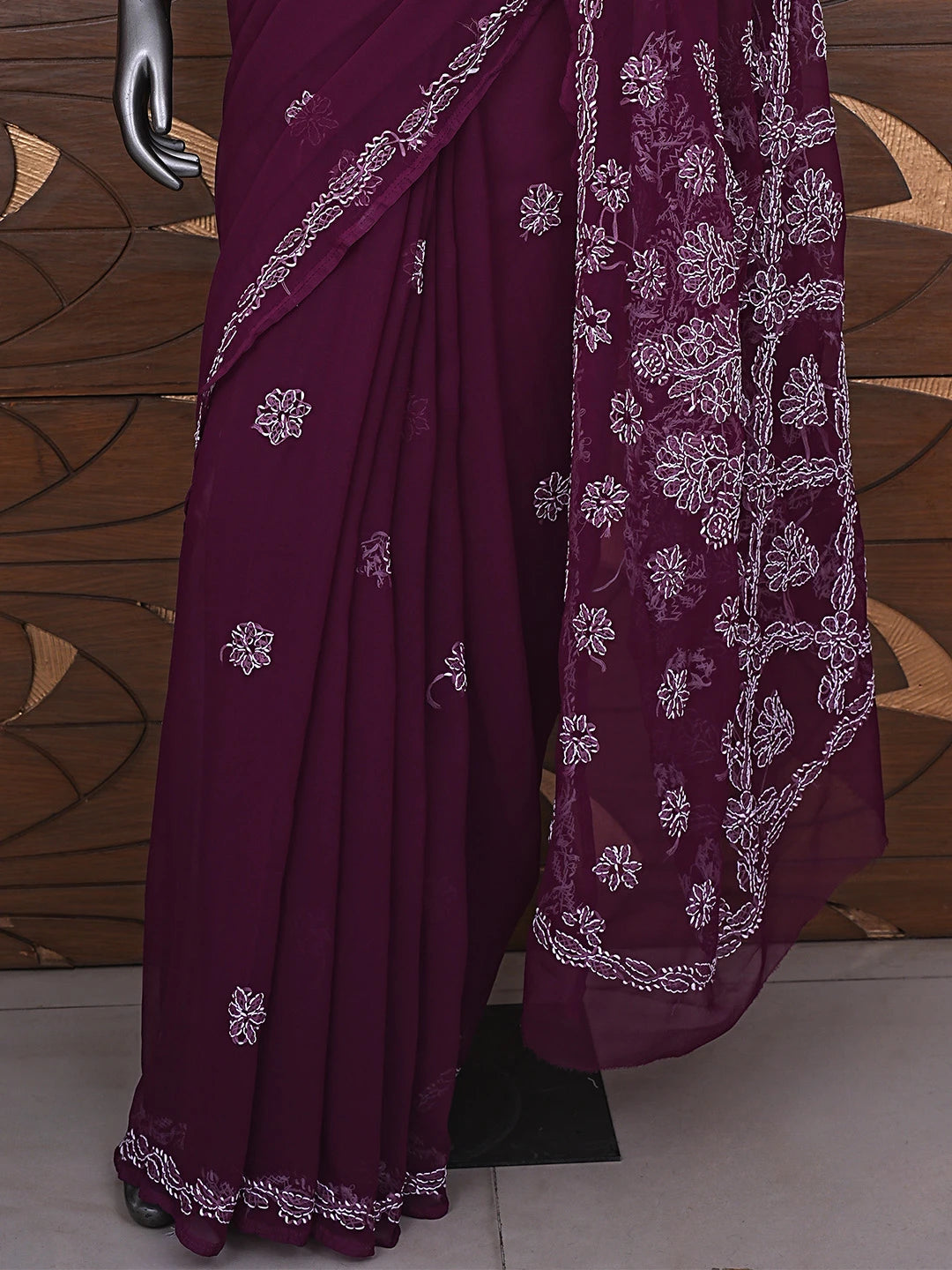 Ada Hand Embroidered Wine Georgette Lucknowi Chikankari Saree and Blouse 01A905447