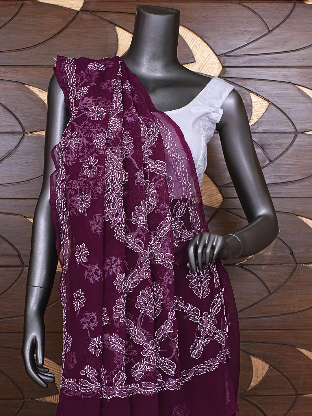 Ada Hand Embroidered Wine Georgette Lucknowi Chikankari Saree and Blouse 01A905447