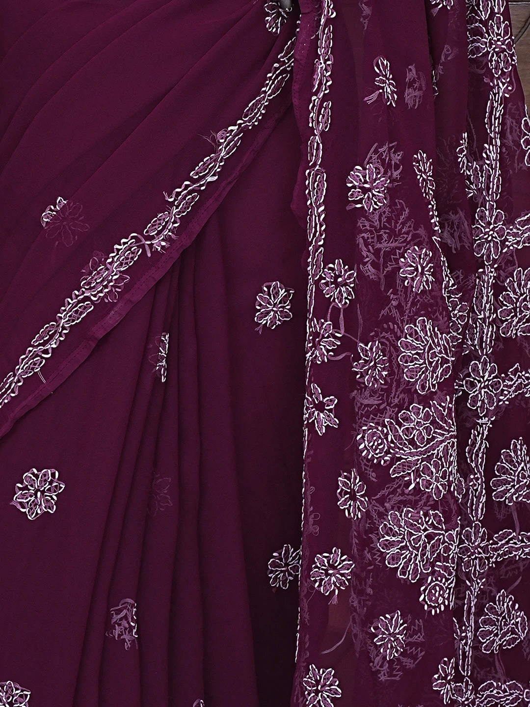 Ada Hand Embroidered Wine Georgette Lucknowi Chikankari Saree and Blouse 01A905447