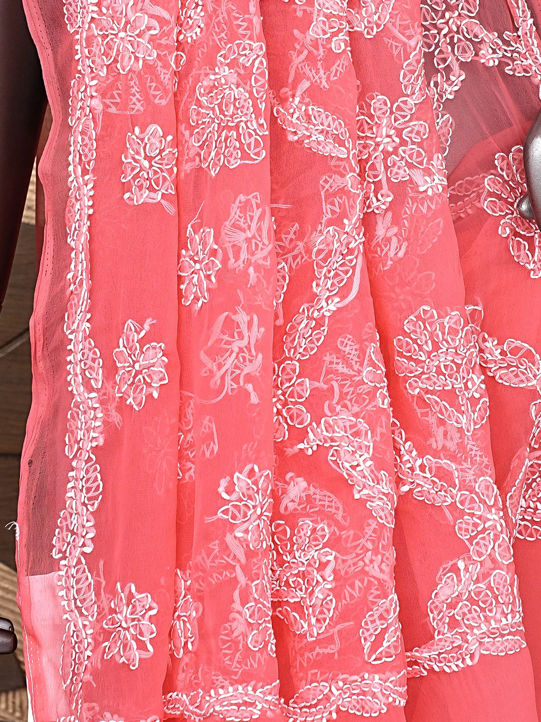 Ada Hand Embroidered Carrot Pink Georgette Lucknowi Chikankari Saree and Blouse 01A905439
