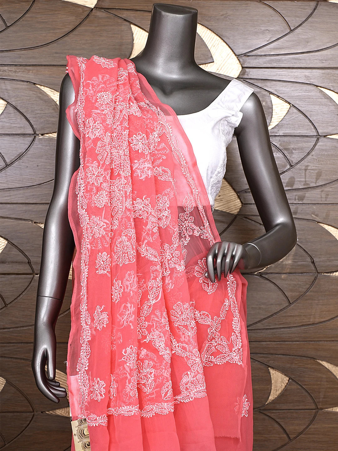 Ada Hand Embroidered Carrot Pink Georgette Lucknowi Chikankari Saree and Blouse 01A905439