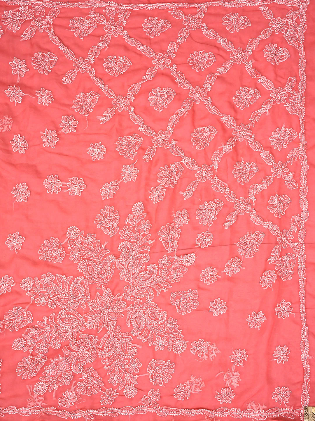 Ada Hand Embroidered Carrot Pink Georgette Lucknowi Chikankari Saree and Blouse 01A905439