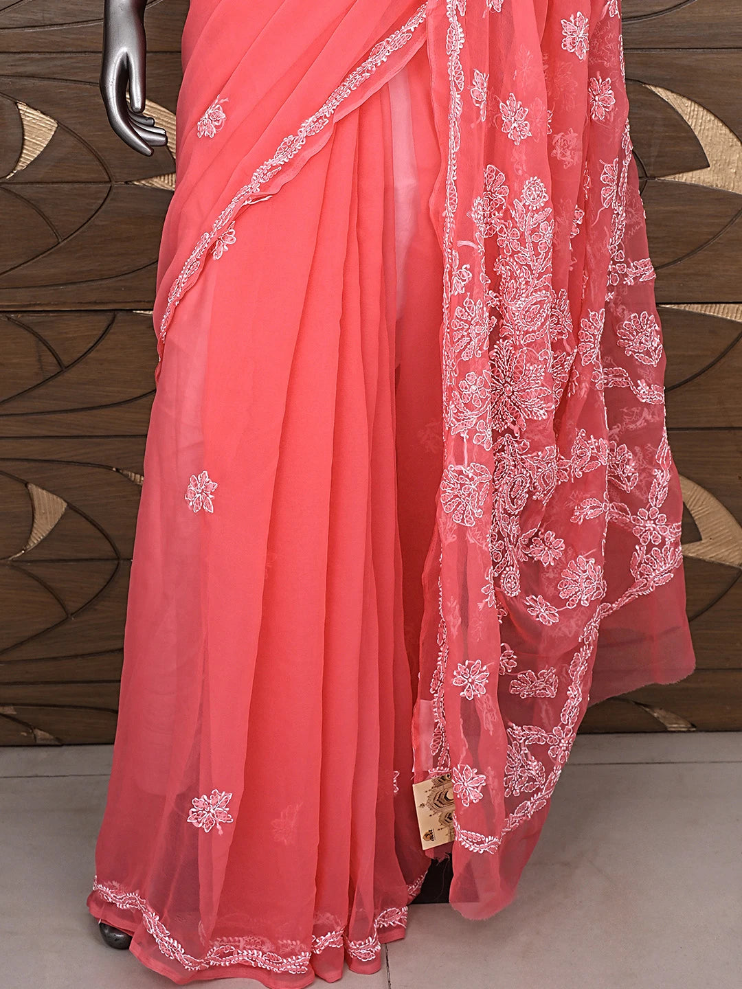 Ada Hand Embroidered Carrot Pink Georgette Lucknowi Chikankari Saree and Blouse 01A905439