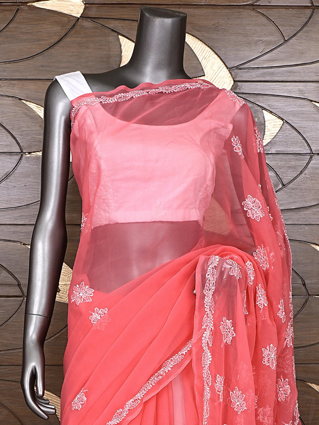 Ada Hand Embroidered Carrot Pink Georgette Lucknowi Chikankari Saree and Blouse 01A905439