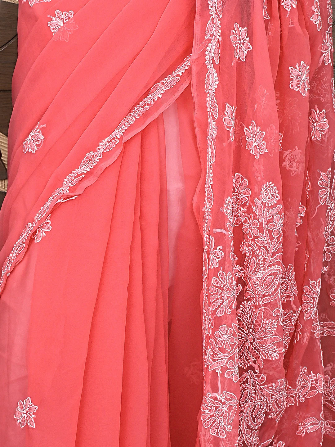 Ada Hand Embroidered Carrot Pink Georgette Lucknowi Chikankari Saree and Blouse 01A905439