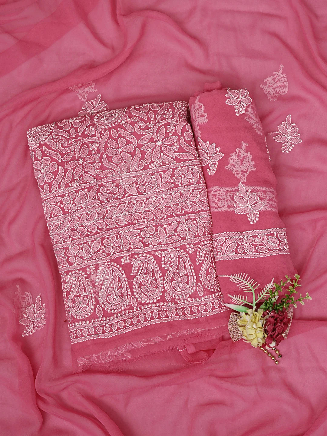Ada Hand Embroidered Magenta Georgette Lucknowi Chikankari Unstitched Suit Piece 01A905881