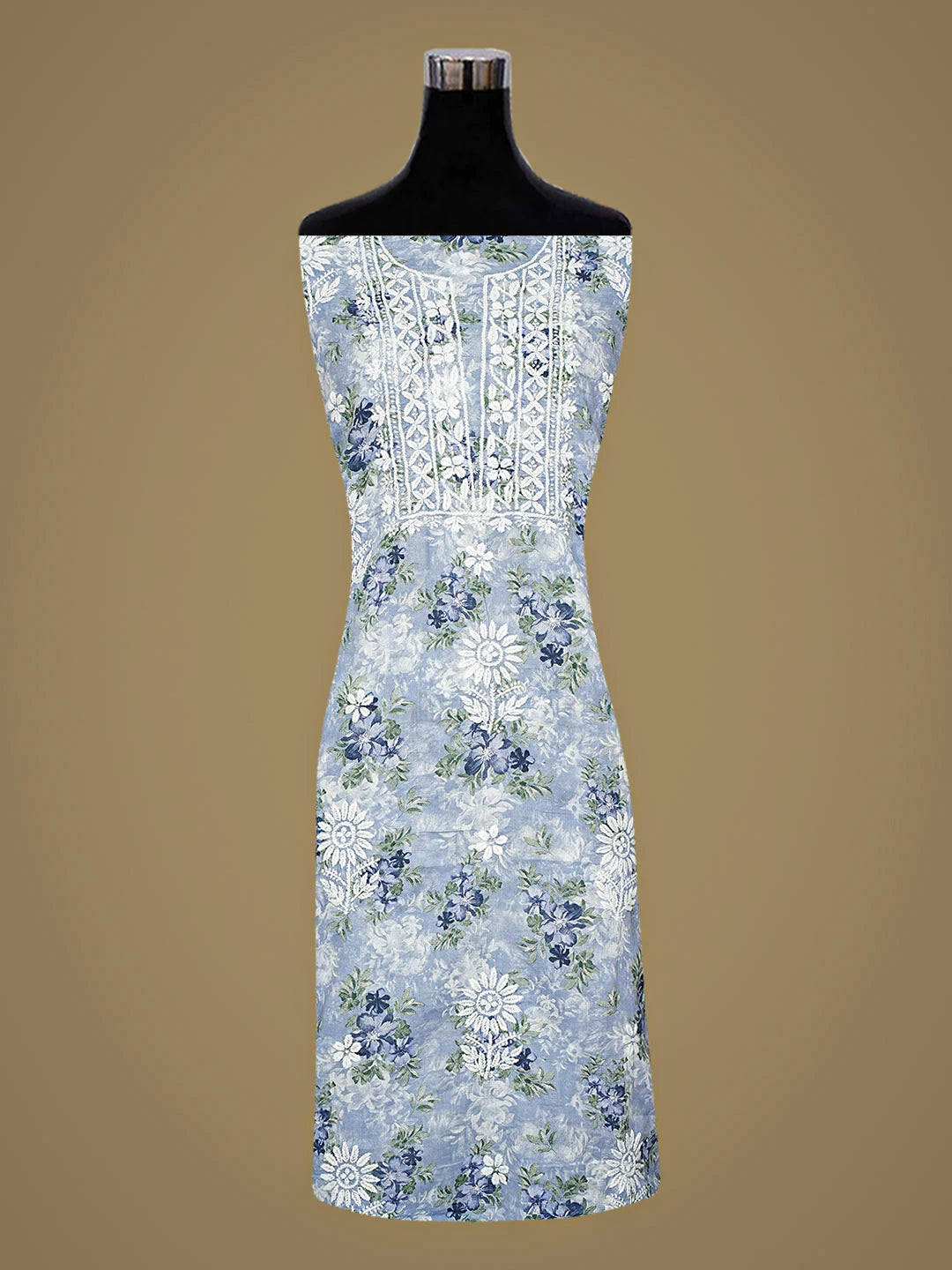 Ada Hand Embroidered  Floral Printed Blue Cotton Lucknowi Chikankari Unstitched Kurta Dupatta Set 01A898205