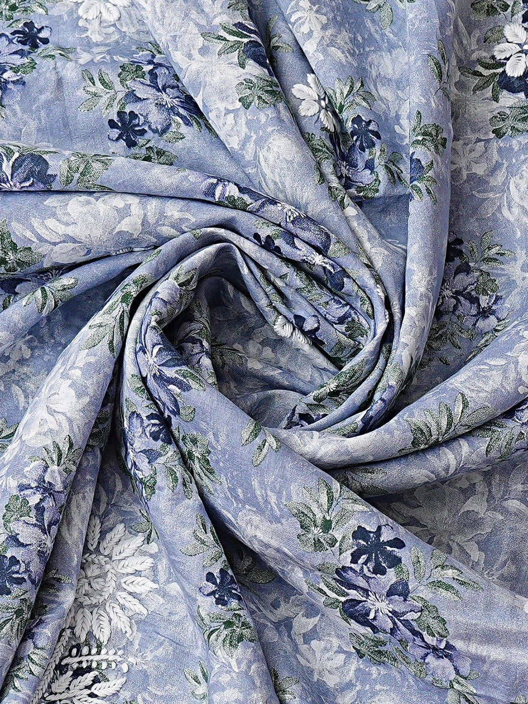 Ada Hand Embroidered  Floral Printed Blue Cotton Lucknowi Chikankari Unstitched Kurta Dupatta Set 01A898205