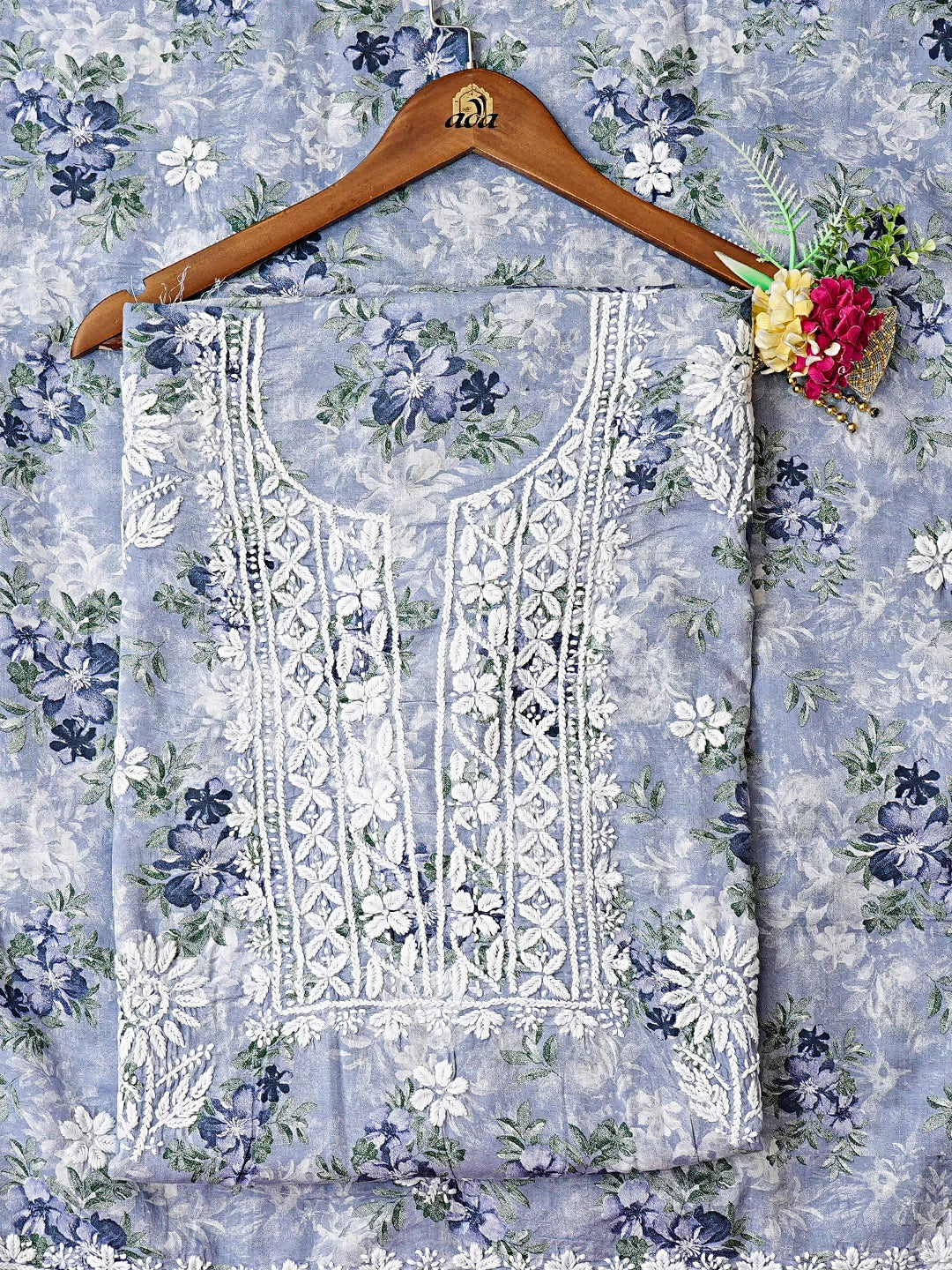 Ada Hand Embroidered  Floral Printed Blue Cotton Lucknowi Chikankari Unstitched Kurta Dupatta Set 01A898205