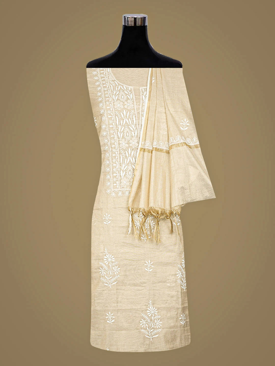 Ada Hand Embroidered Fawn Tissue Lucknowi Chikankari Unstitched Kurta Dupatta Set 01A901603