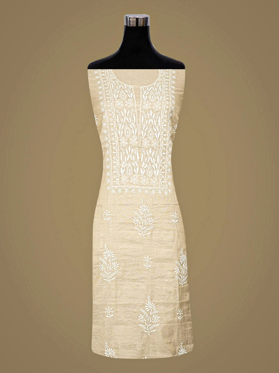 Ada Hand Embroidered Fawn Tissue Lucknowi Chikankari Unstitched Kurta Dupatta Set 01A901603