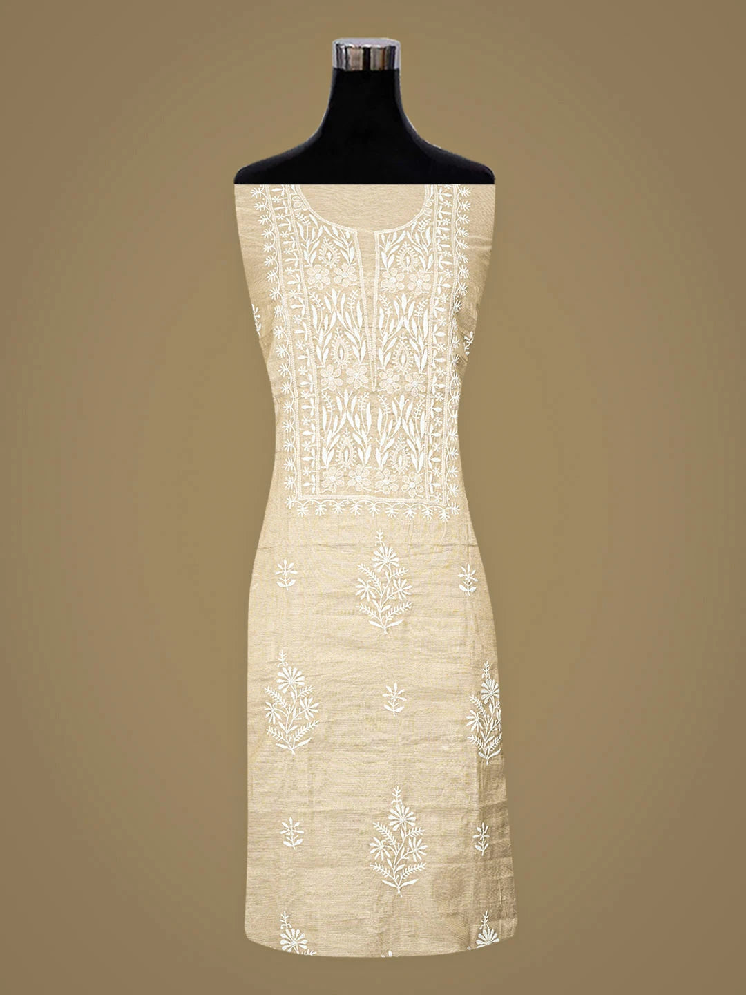 Ada Hand Embroidered Fawn Tissue Lucknowi Chikankari Unstitched Kurta Dupatta Set 01A901603