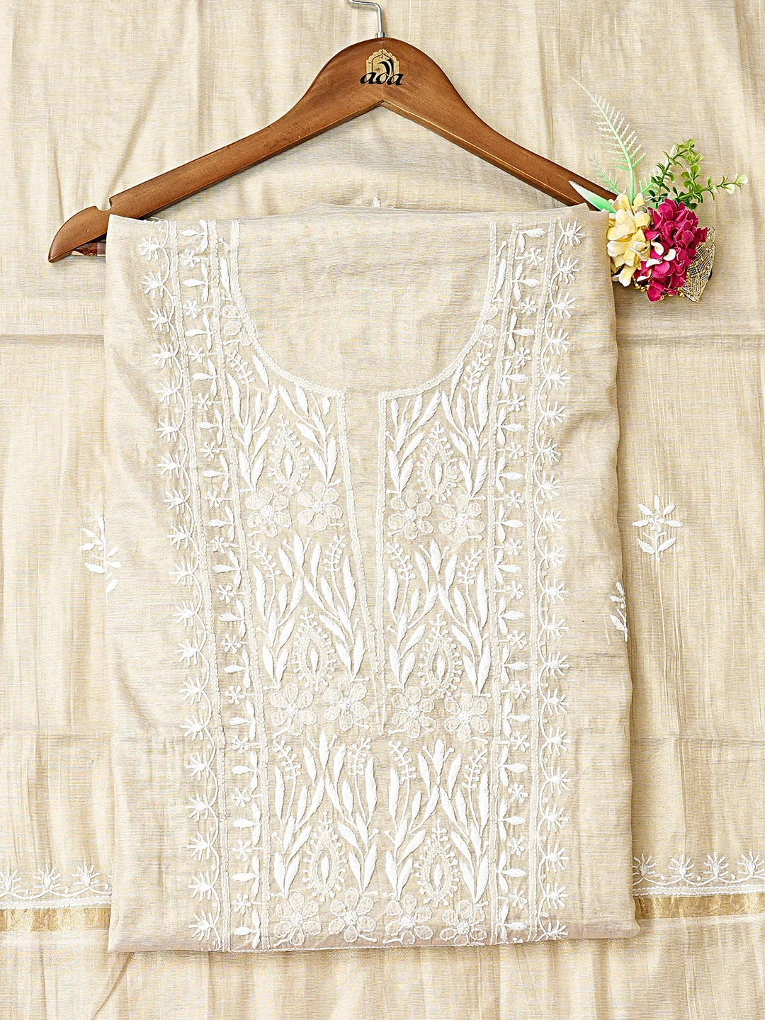 Ada Hand Embroidered Fawn Tissue Lucknowi Chikankari Unstitched Kurta Dupatta Set 01A901603