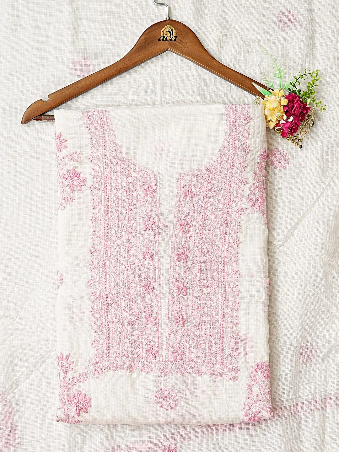 Ada Hand Embroidered White Kota Lucknowi Chikankari Unstitched Kurta Dupatta Set 01A876909