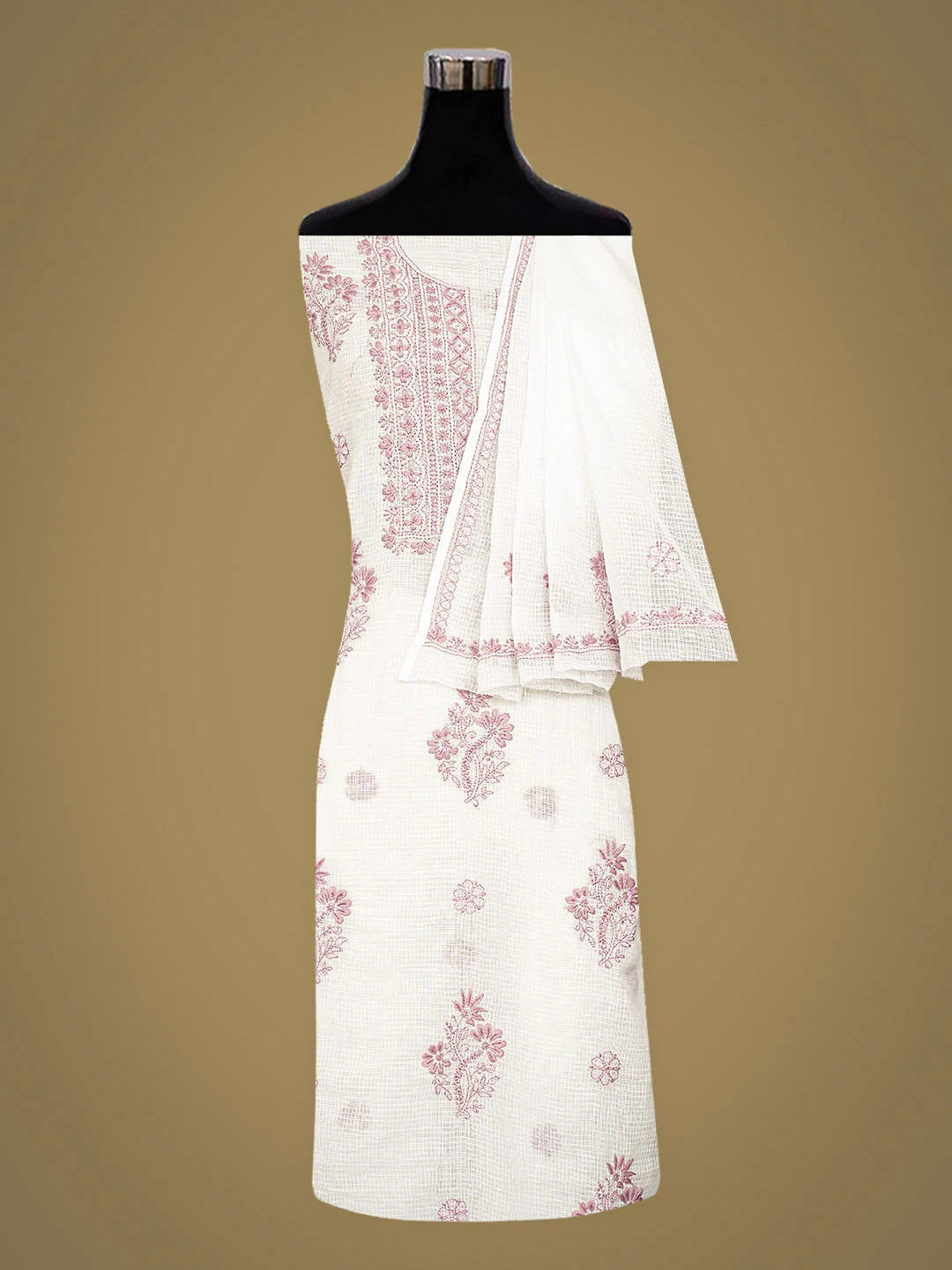 Ada Hand Embroidered White Kota Lucknowi Chikankari Unstitched Kurta Dupatta Set 01A876923