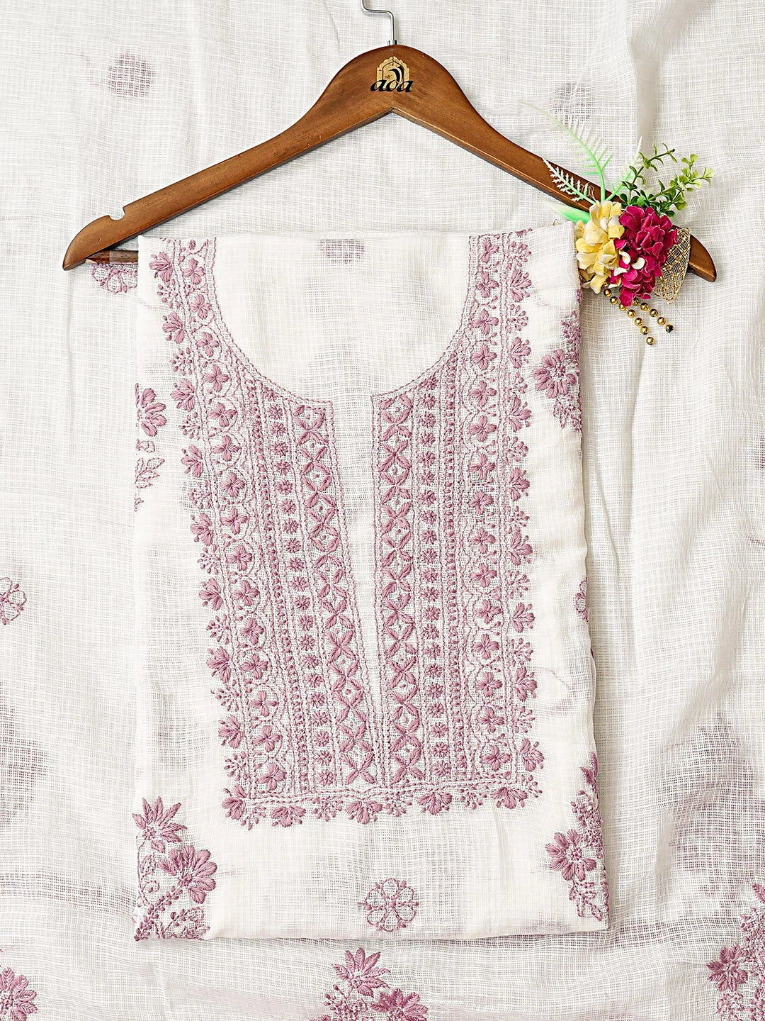 Ada Hand Embroidered White Kota Lucknowi Chikankari Unstitched Kurta Dupatta Set 01A876923