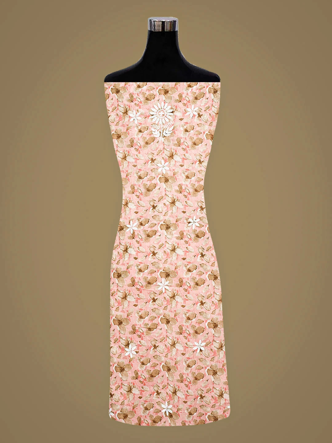 Ada Hand Embroidered  Floral Printed Peach Cotton Lucknowi Chikankari Unstitched Kurta Dupatta Set 01A898141