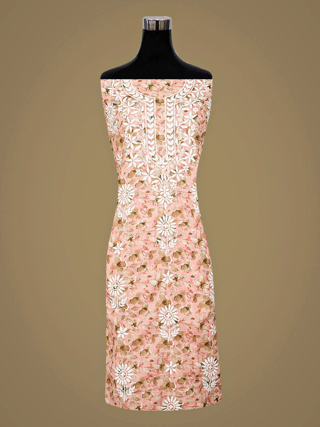 Ada Hand Embroidered  Floral Printed Peach Cotton Lucknowi Chikankari Unstitched Kurta Dupatta Set 01A898141