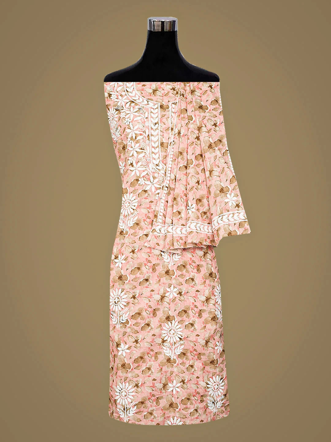 Ada Hand Embroidered  Floral Printed Peach Cotton Lucknowi Chikankari Unstitched Kurta Dupatta Set 01A898141