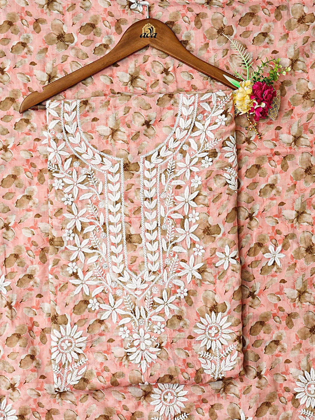 Ada Hand Embroidered  Floral Printed Peach Cotton Lucknowi Chikankari Unstitched Kurta Dupatta Set 01A898141