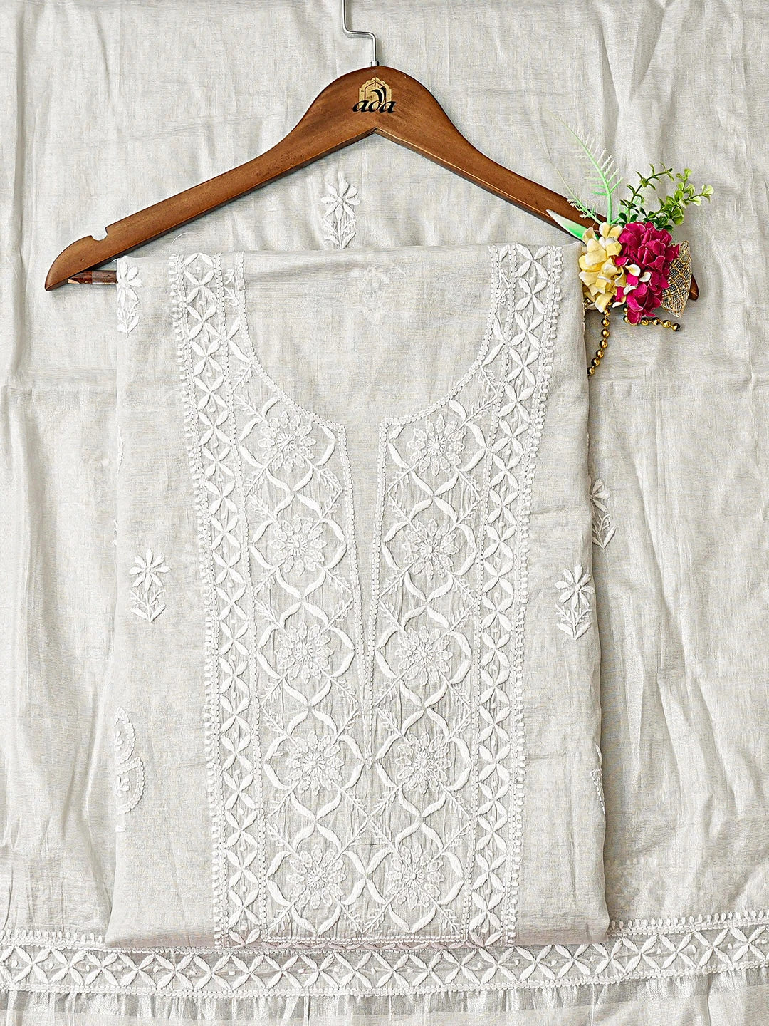 Ada Hand Embroidered Grey Tissue Lucknowi Chikankari Unstitched Kurta Dupatta Set 01A901657