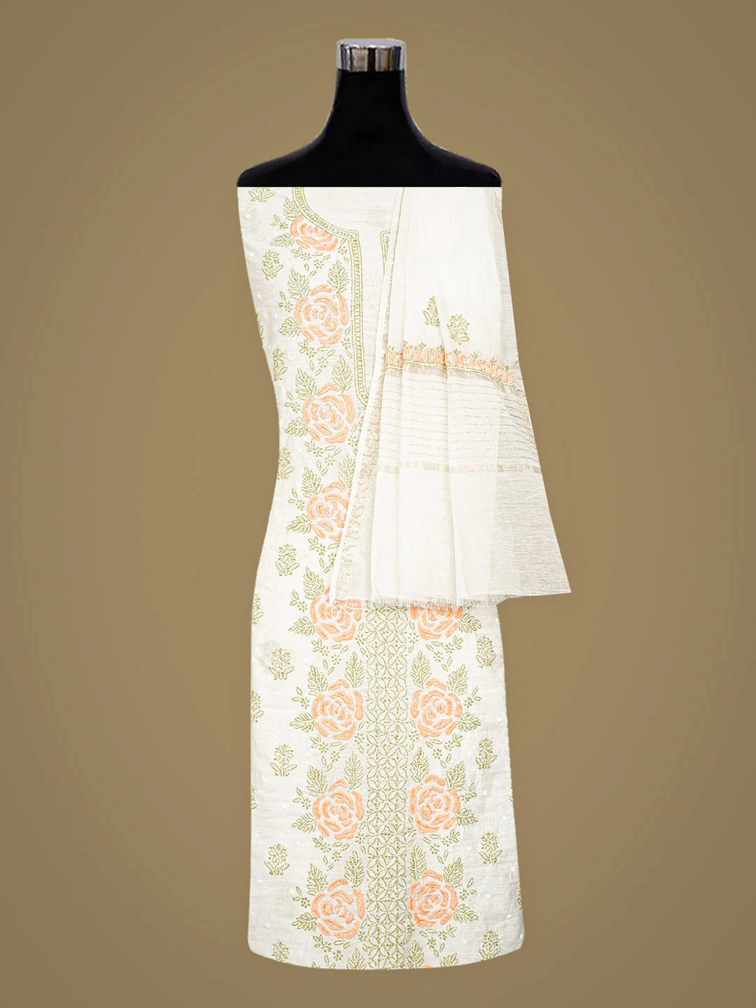 Ada Hand Embroidered White Chanderi Lucknowi Chikankari Unstitched Kurta Dupatta Set With Pearl Work 01A897630
