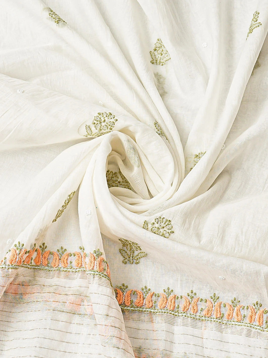 Ada Hand Embroidered White Chanderi Lucknowi Chikankari Unstitched Kurta Dupatta Set With Pearl Work 01A897630