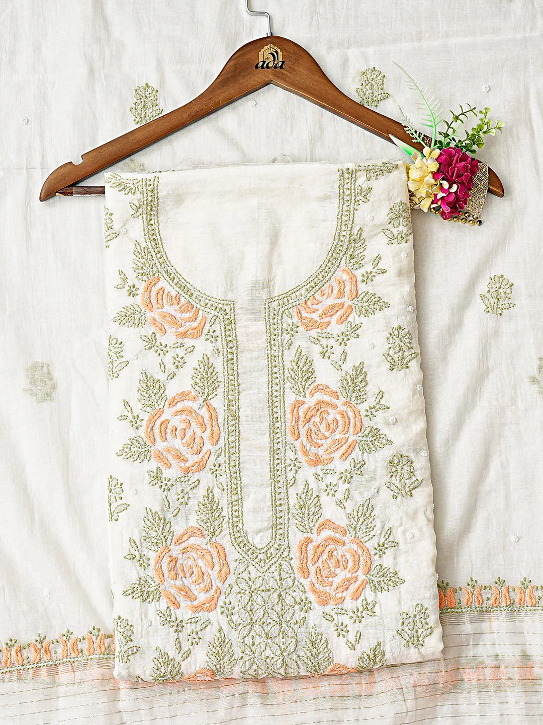 Ada Hand Embroidered White Chanderi Lucknowi Chikankari Unstitched Kurta Dupatta Set With Pearl Work 01A897630
