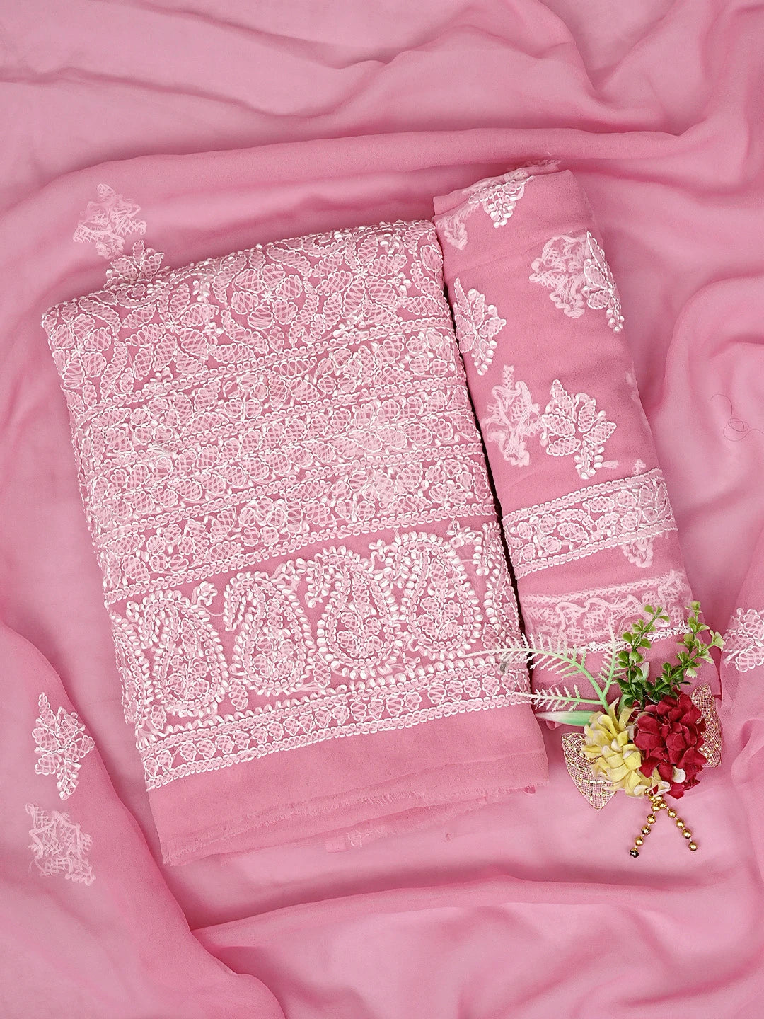Ada Hand Embroidered Pink Georgette Lucknowi Chikankari Unstitched Suit Piece 01A905930