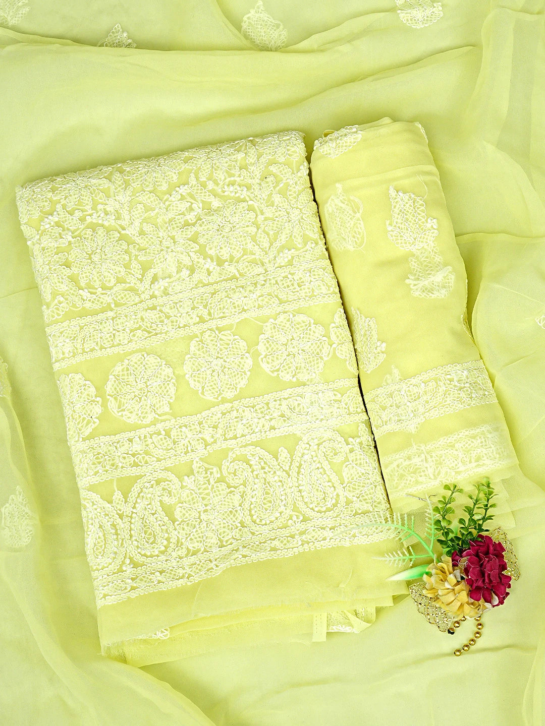 Ada Hand Embroidered Lemon Georgette Lucknowi Chikankari Unstitched Suit Piece 01A905931