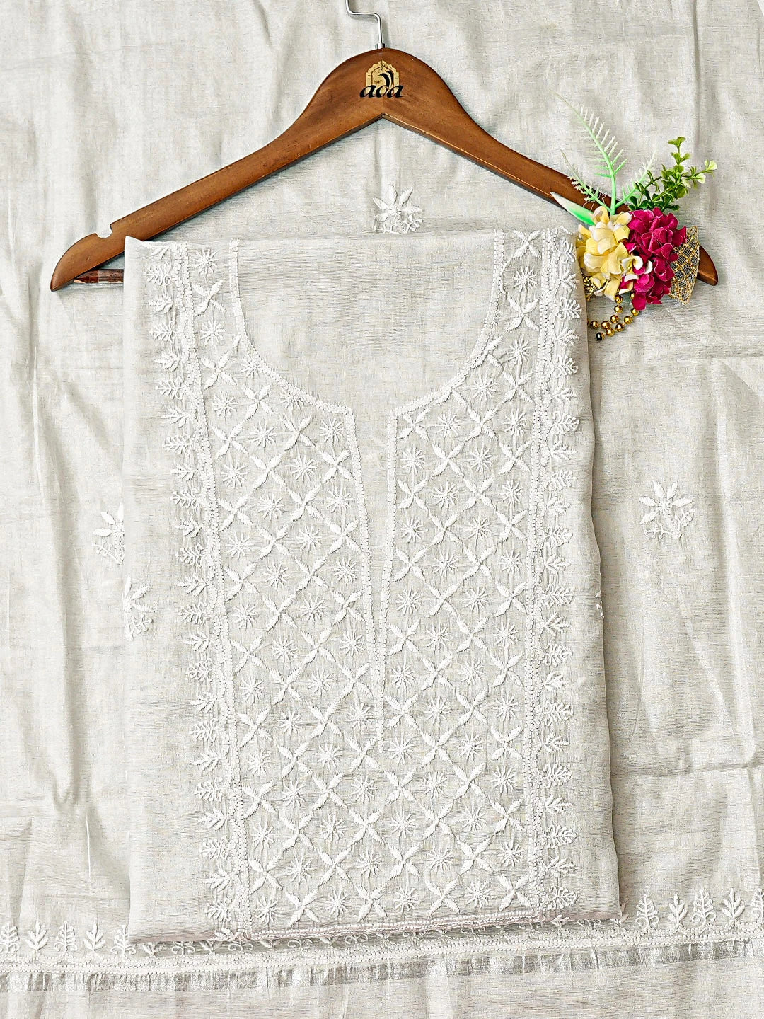 Ada Hand Embroidered Grey Tissue Lucknowi Chikankari Kurta Dupatta Set 01A901626