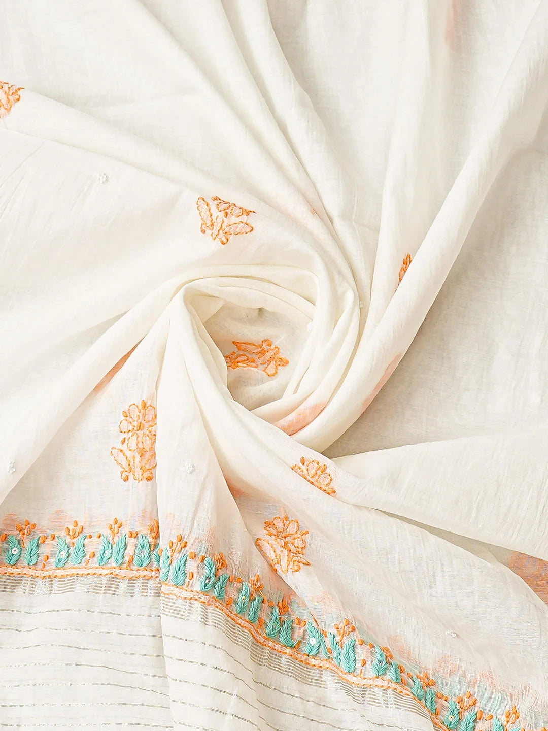 Ada Hand Embroidered White Ivory Cream Chanderi Lucknowi Chikankari Kurta Dupatta Set With Sequinned Work 01A897573
