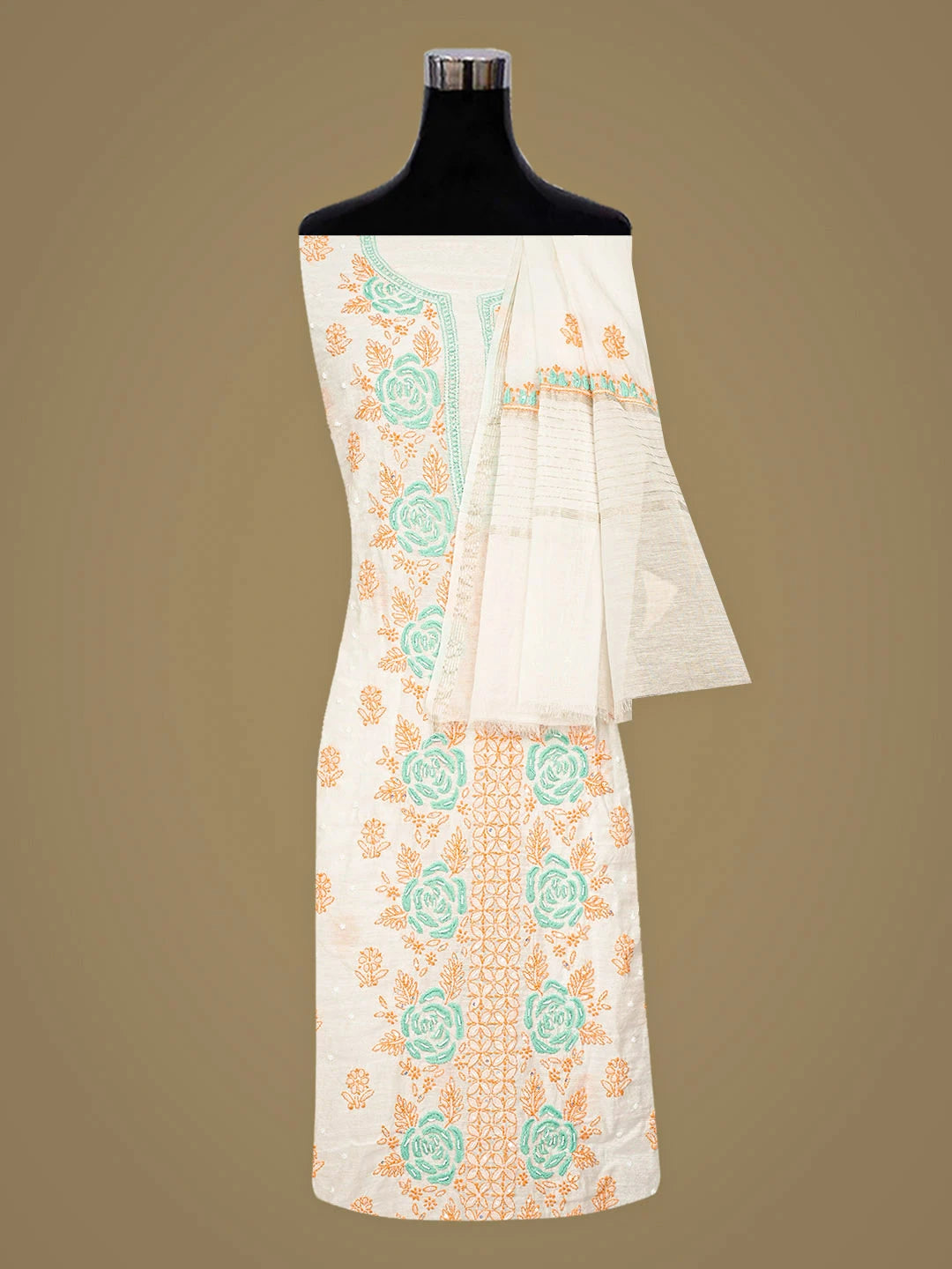 Ada Hand Embroidered White Ivory Cream Chanderi Lucknowi Chikankari Kurta Dupatta Set With Sequinned Work 01A897573