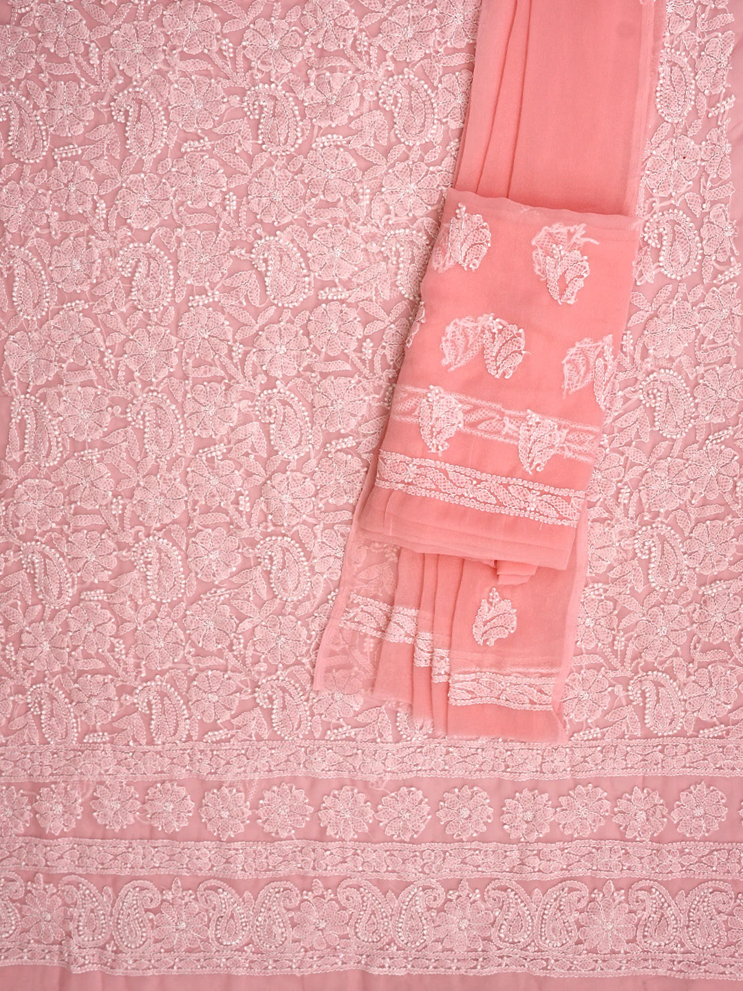 Ada Hand Embroidered Peach Georgette Lucknowi Chikankari Unstitched Suit Piece 01A905902