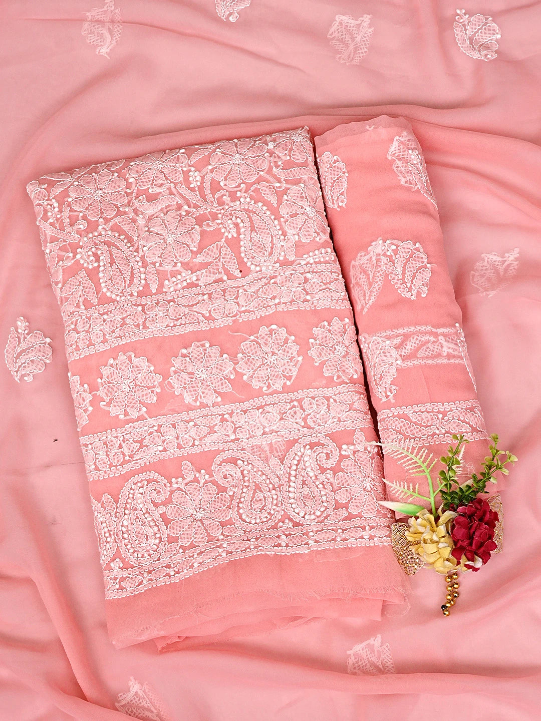 Ada Hand Embroidered Peach Georgette Lucknowi Chikankari Unstitched Suit Piece 01A905902