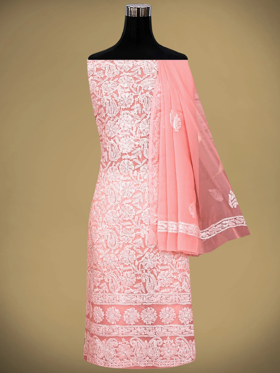 Ada Hand Embroidered Peach Georgette Lucknowi Chikankari Unstitched Suit Piece 01A905902
