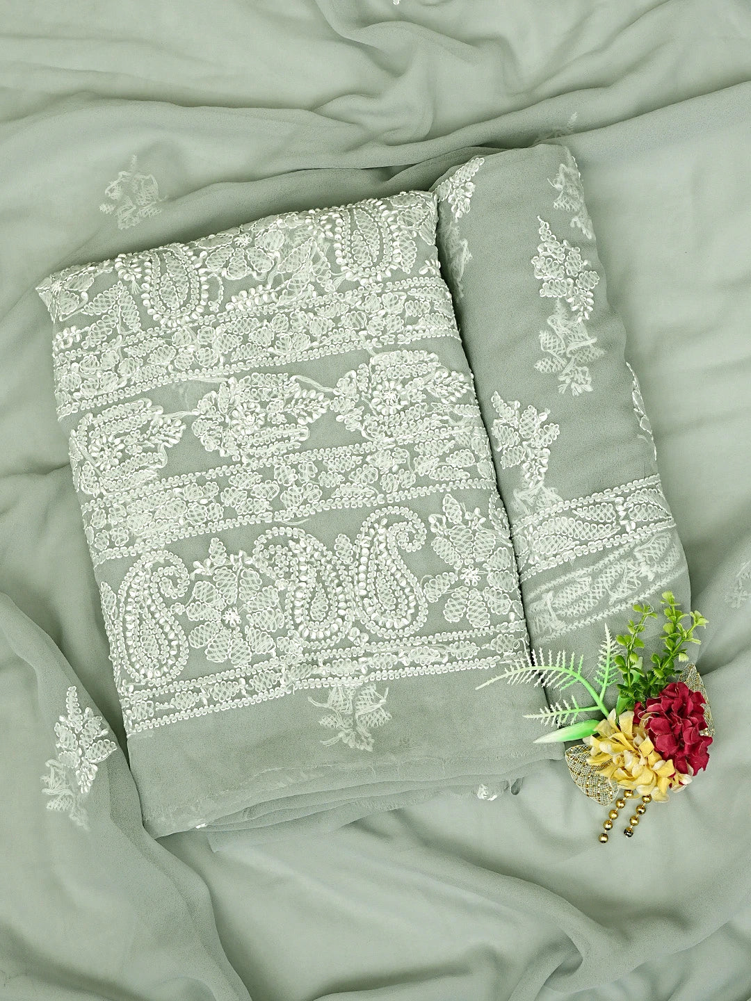 Ada Hand Embroidered Grey Georgette Lucknowi Chikankari Unstitched Suit Piece 01A905918