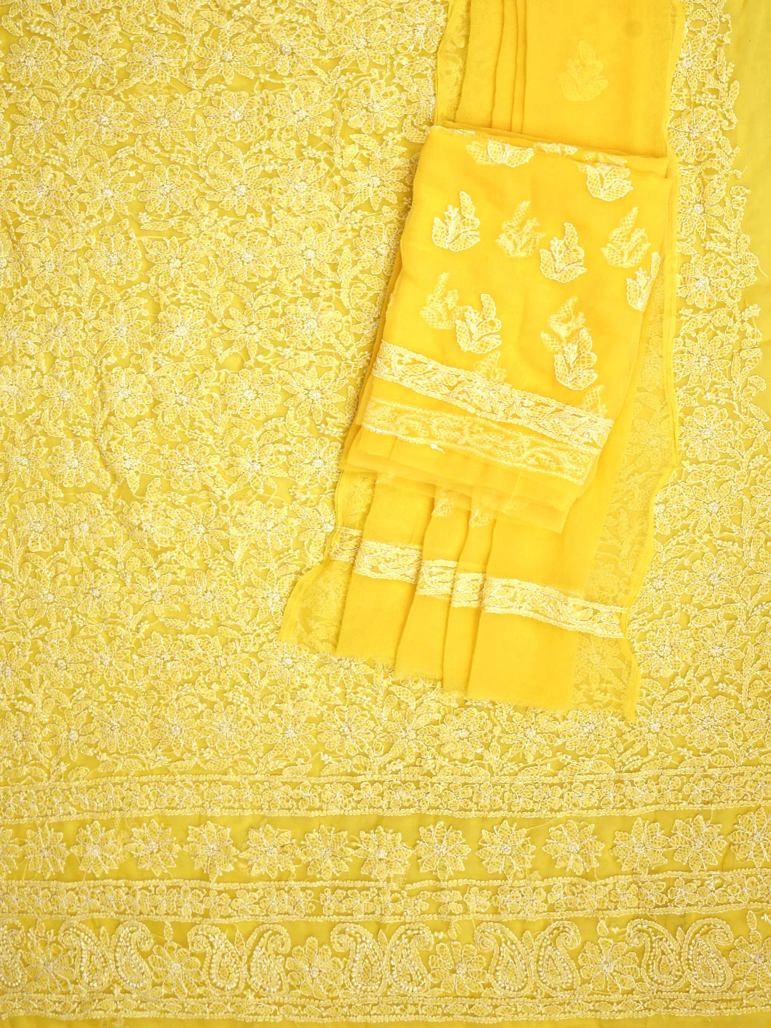 Ada Hand Embroidered Yellow Georgette Lucknowi Chikankari Unstitched Suit Piece 01A905909