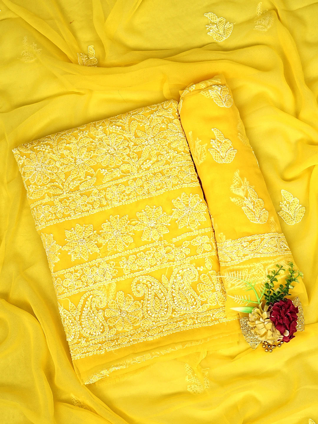 Ada Hand Embroidered Yellow Georgette Lucknowi Chikankari Unstitched Suit Piece 01A905909