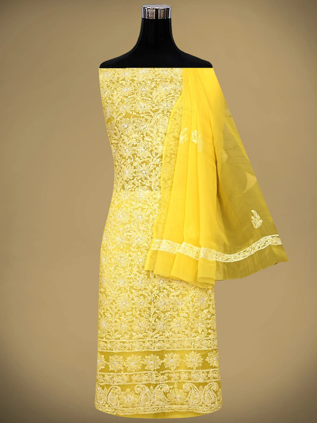 Ada Hand Embroidered Yellow Georgette Lucknowi Chikankari Unstitched Suit Piece 01A905909