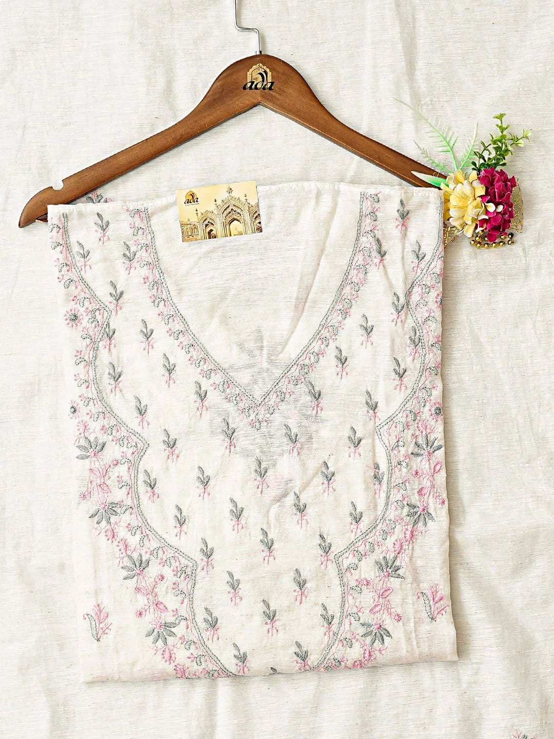 Ada Hand Embroidered Floral White Khadi Chanderi Lucknowi Chikankari Semi-stitched Kurta Dupatta Set 01A896614