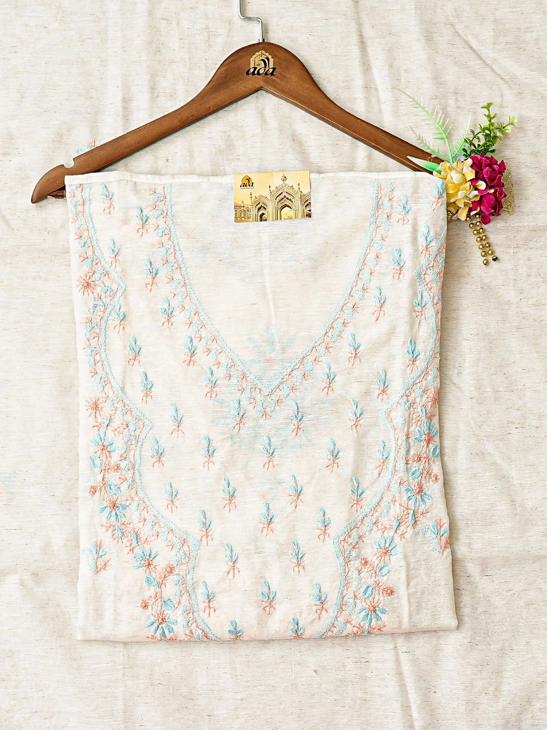 Ada Hand Embroidered White Ivory Cream Khadi Chanderi Lucknowi Chikankari Semi-stitched Kurta Dupatta Set 01A896613
