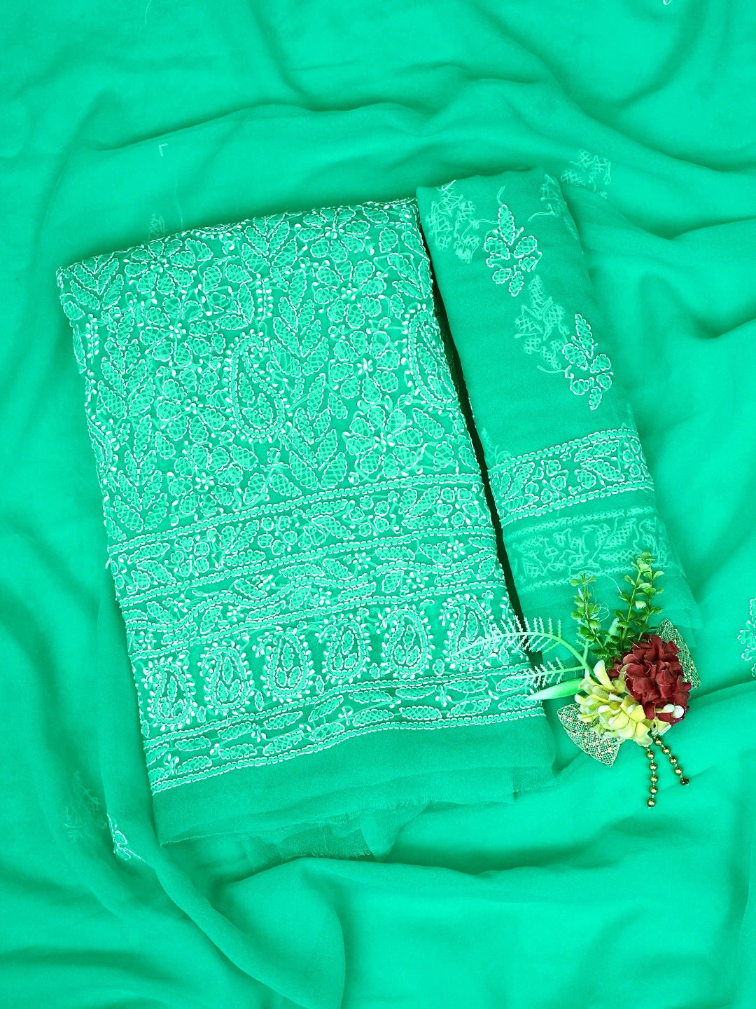 Ada Hand Embroidered Rama Green Georgette Lucknowi Chikankari Unstitched Suit Piece 01A905897