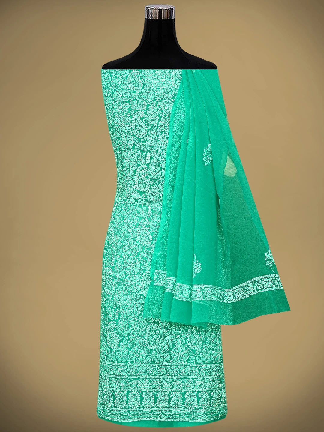 Ada Hand Embroidered Rama Green Georgette Lucknowi Chikankari Unstitched Suit Piece 01A905897