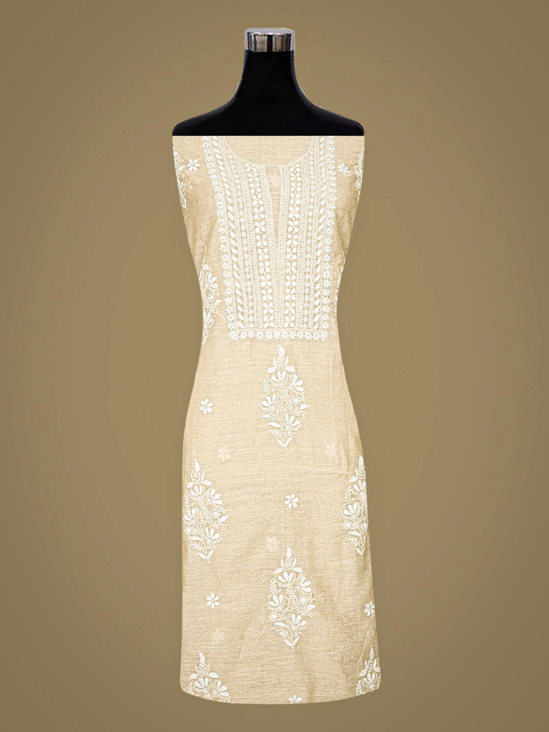 Ada Hand Embroidered Fawn Khadi Chanderi Lucknowi Chikankari Kurta Dupatta Set 01A888674
