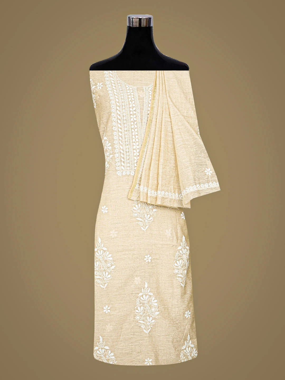 Ada Hand Embroidered Fawn Khadi Chanderi Lucknowi Chikankari Kurta Dupatta Set 01A888674