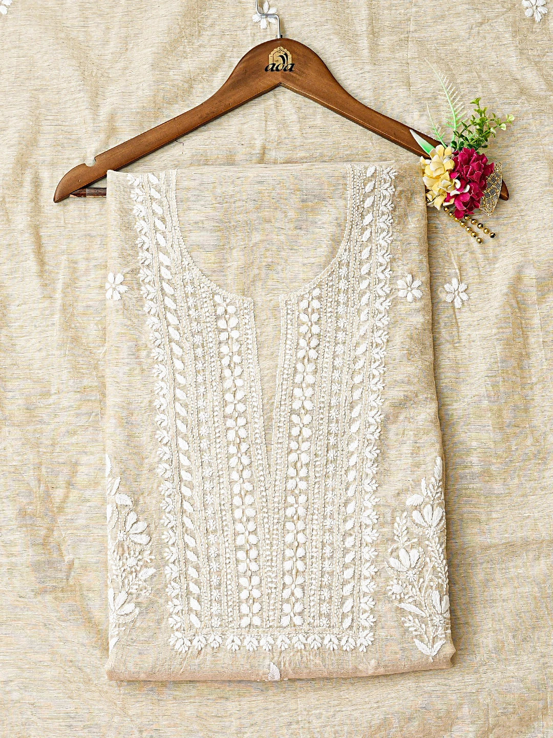 Ada Hand Embroidered Fawn Khadi Chanderi Lucknowi Chikankari Kurta Dupatta Set 01A888674