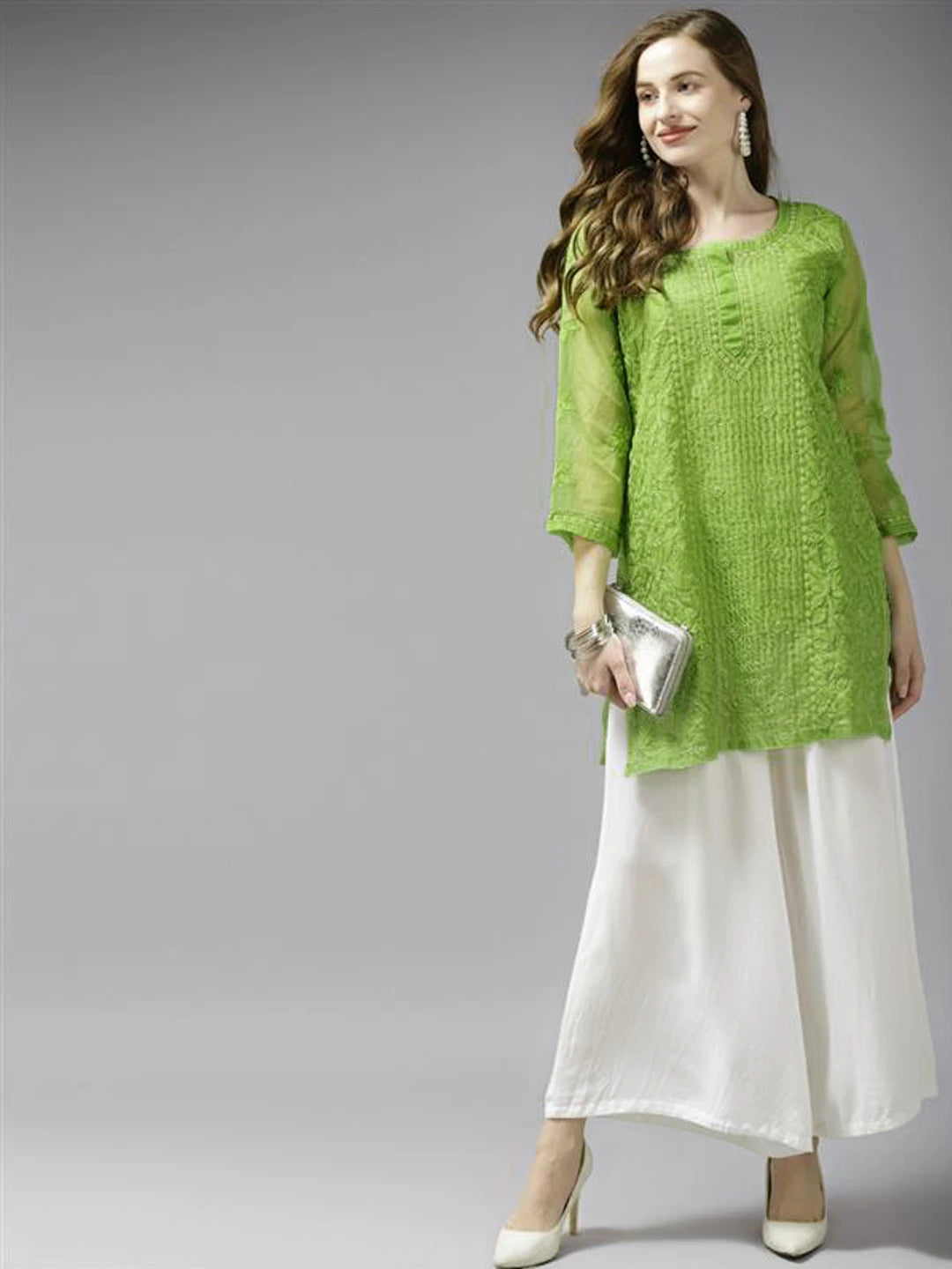 Ada Hand Embroidered Green Organza Lucknowi Chikankari Kurti With Slip A911161