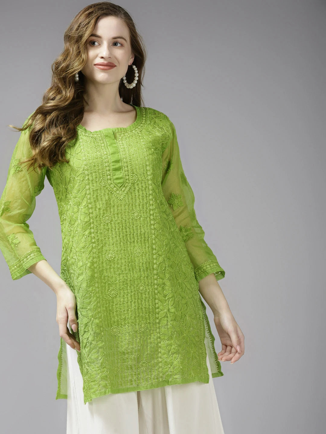 Ada Hand Embroidered Green Organza Lucknowi Chikankari Kurti With Slip A911161