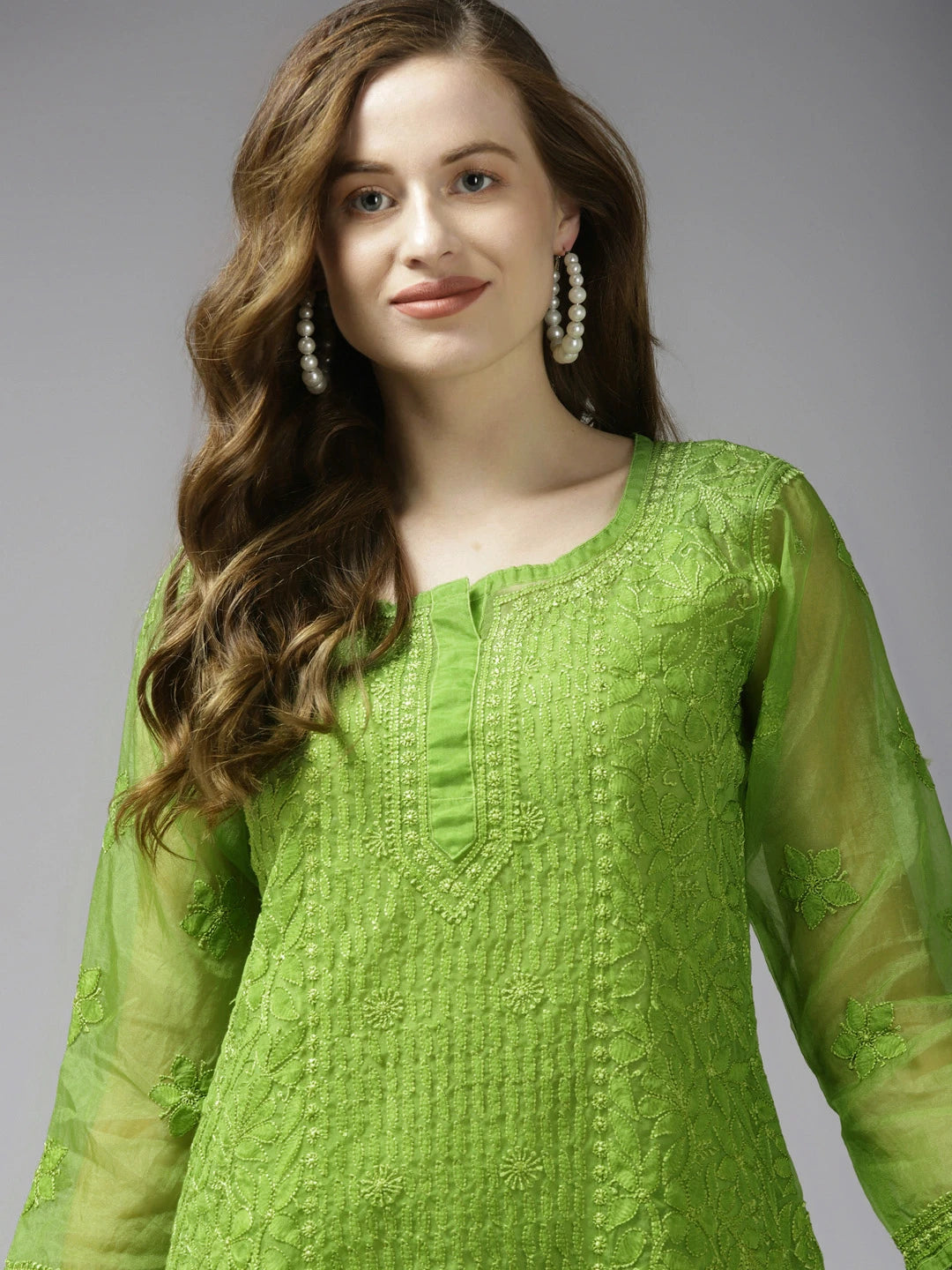 Ada Hand Embroidered Green Organza Lucknowi Chikankari Kurti With Slip A911161